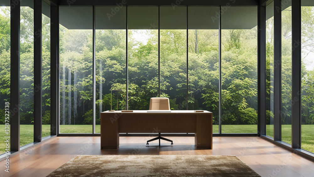 Modern Office Interior With A Large Window Overlooking Lush Greenery ...