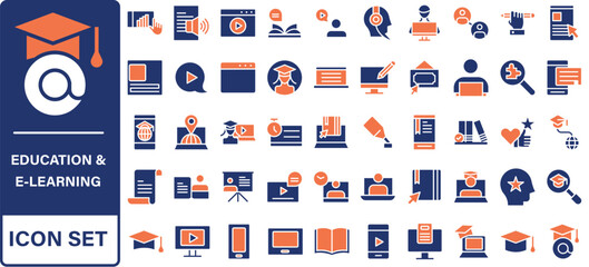 Poster - Education and E-learning icon set. Online Education icon collection. Distance learning. Video tuition, online course, audio course, digital education, educational website and more.