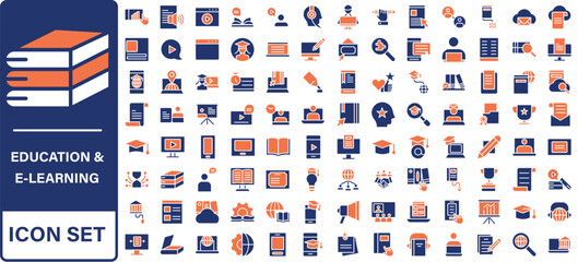 Poster - Education and E-learning icon set. Online Education icon collection. Distance learning. Video tuition, online course, audio course, digital education, educational website and more.