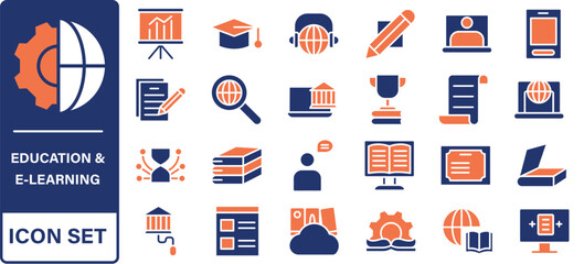 Poster - Education and E-learning icon set. Online Education icon collection. Distance learning. Video tuition, online course, audio course, digital education, educational website and more.