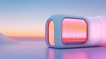 Fototapete - Futuristic Illuminated White Enclosure with Pink Lights at Sunset
