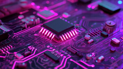Poster - Close up of a dark computer chip on a purple circuit board with glowing pink neon lights around it