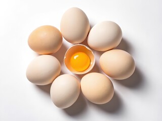 Poster -  A collection of brown eggs in various sizes, some cracked open to reveal yellow yolks, arranged on a white surface.