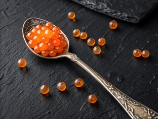 Aufkleber -  Spoon filled with orange fish eggs (roe) on black background.