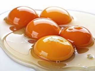 Poster -  several eggs in a pan with liquid around them. The eggs are cooking and appear to be sunny side up or similar style of fried eggs.