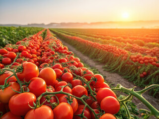 Poster - a vibrant agricultural scene at sunset. Dominating the foreground are rows of ripe red tomatoes, their bright color contrasting with the earthy tones of the field.