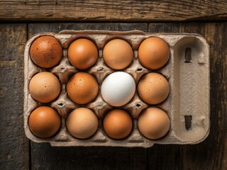 Poster -  A carton of brown eggs with one white egg among them.