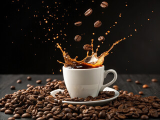 Poster -  Coffee cup overflowing with coffee beans spilling out onto white surface.