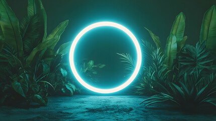 Wall Mural - glowing neon circle in lush green jungle