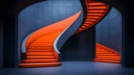 Fototapete - Glowing Orange Spiral Staircase in Dark Fantasy Setting