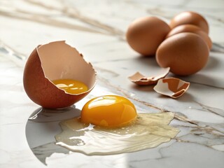 Poster - cracked egg spilled on marble surface with broken shell pieces and four whole eggs in the background creating a textural contrast
