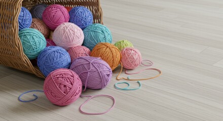 Poster - A wicker basket spills over with colorful balls of yarn onto a light wooden floor