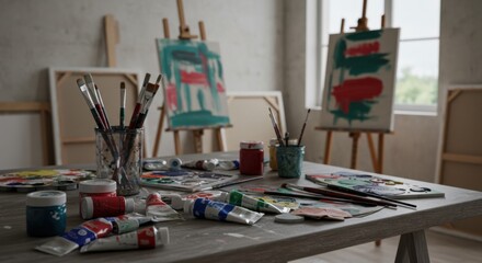 Poster - A painter's studio is filled with art supplies, including brushes, paints, and canvases, showcasing a creative workspace