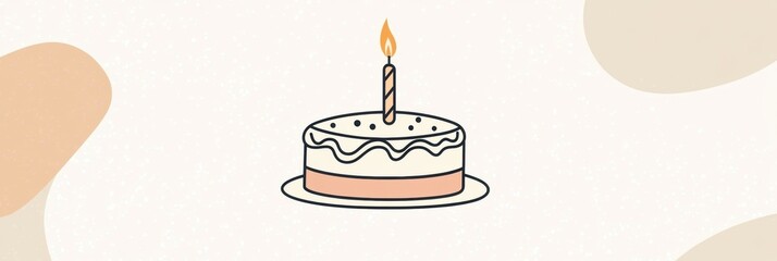Poster - Outline logo of a birthday cake with a lit candle in warm gold and pastel background design suitable for celebrations and invites