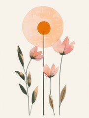Poster - Floral logo design featuring a stylized sun and pastel blooming flowers with a minimal and clean aesthetic for a soft and warm look