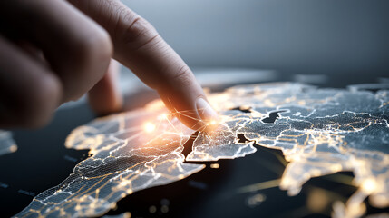 Poster - A finger touching a glowing world map with interconnected lines and bright spots on a dark surface