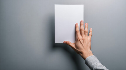 Poster - A hand holding a blank white rectangle against a plain gray background in a studio setting