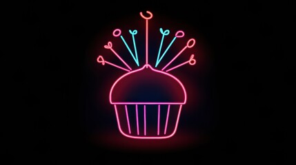 Poster - Neon icon of fireworks above a cupcake celebrating a festive occasion with glowing lines for modern design enthusiasts