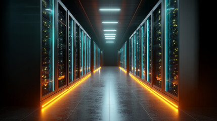 Poster - A long corridor in a data center with server racks and neon lights creating a futuristic look