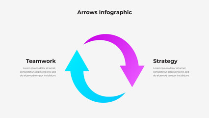 Fototapete - Creative infographic featuring two colorful arrows forming a circular shape, symbolizing connections between teamwork and strategy. Useful for business presentations or workflow processes