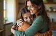 © miss irine - Happy caucasian mother hugs teenage daughter at home. Woman embracing girl, sharing love. Teenager hugging mom. Family, relationship, care, support concept. Mother day, bonding moment.