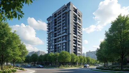 Poster - Modern residential building exterior. High-rise condominium with many windows, balconies. Trees, road, cars. Urban architecture design under blue sky. Sunny day.