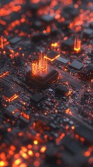 Poster - Close-up of a glowing circuit board with vibrant orange lights