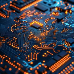 Poster - exploring intricate pathways and microchips on a circuit board with vibrant glowing connections