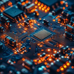 Poster - Detailed macro view of a circuit board showcasing intricate pathways and microchips in a vibrant technological landscape