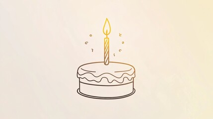 Poster - Birthday cake outline design with a lit candle on a gold and pastel background, perfect for celebration graphics and invitations