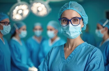 Aufkleber - Portrait of young female surgeon doctor wearing face mask, glasses, surrounded surgery team in operation theatre. Medical professionals ready for operation. Healthcare workers in scrubs. Teamwork