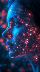 Poster - Close-up of brain-computer interface concept with electrodes and glowing neural network visualization