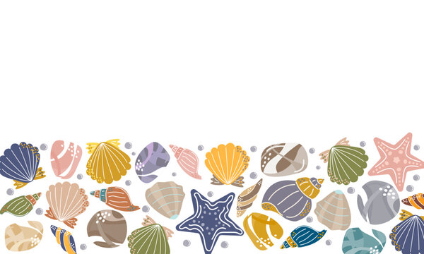 Colorful sea shells and starfish on a white background with empty space for text. Fun summer marine border design. For kids, cards, invitations, banners, seasonal decoration