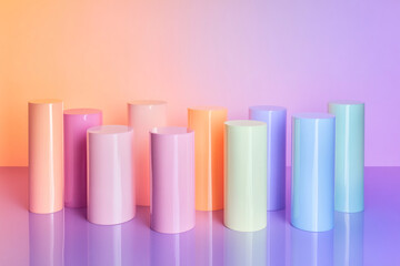 Aufkleber - Pastel-colored cylinders on reflective surface, creating a minimalist product display scene, ideal for showcasing brands or products, offering free space for text or logo placement