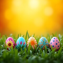  Decorated Easter eggs on lush green grass, he sunny spring day should create a hot atmosphere.