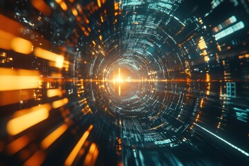 Poster - Futuristic tunnel with glowing data streams and light effects