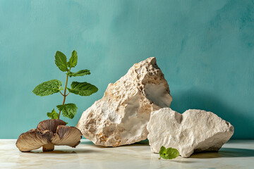 Poster - still life showcasing beige rocks, mushroom, and mint sprigs against a teal background. simple, natu