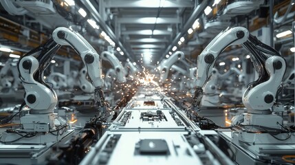 Poster - Cinematic view of a highly automated factory with robotic arms working on the assembly line amid flying sparks
