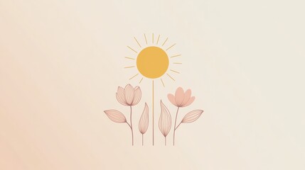 Poster - Floral logo with stylized sun and blooming flowers in pastel gradient background showcasing minimal and warm design elements