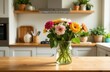 © Sergey - Colorful gerbera daisies in glass vase on wooden kitchen counter