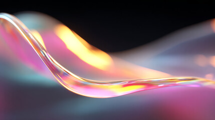Poster - Abstract iridescent ribbon with pink and yellow hues against a dark blurred background design element
