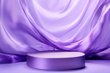 Poster - Purple fabric drapes elegantly behind a cylindrical purple platform, creating a minimalist product showcase scene, ideal for advertising or display