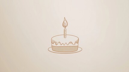 Poster - Elegant outline logo featuring a birthday cake with a lit candle on a warm gold and pastel background perfect for celebrations and joyful occasions