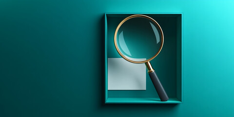 Poster - Teal niche showcasing a gold-rimmed magnifying glass and blank card, suggesting investigation, discovery, or detail-oriented research