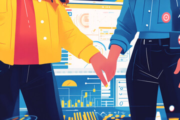 Poster - Two individuals, hands clasped, stand before a screen displaying charts and graphs, symbolizing collaboration, teamwork, and data analysis in a business setting