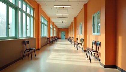 Aufkleber - Long school corridor with rows of chairs. Sunlight shines through the windows. Empty classroom, hallway interior. Education concept, learning space, modern design, no people.