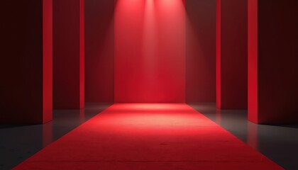 Poster - Red runway setting with stage lighting for fashion show, design event. Dark backdrop, red carpet, minimalist design. Modern display, showcase, glamourous event atmosphere.