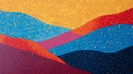 Poster - Abstract landscape with colorful hills and scattered yellow dots in a pointillism style