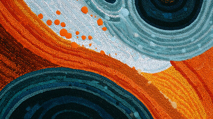 Poster - Abstract art featuring concentric circles and dots in orange white blue and dark blue colors