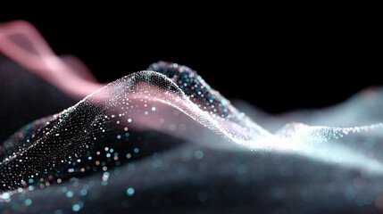 Poster - Abstract flowing wave of light particles against a dark background with pink and white hues